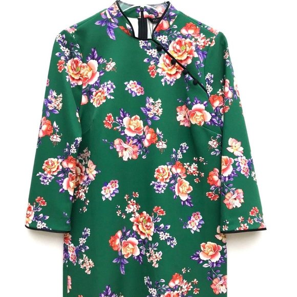 Zara Mandarin Collar Green Oriental Chinese Roses 3/4 Sleeves‎ Floral Mini Dress